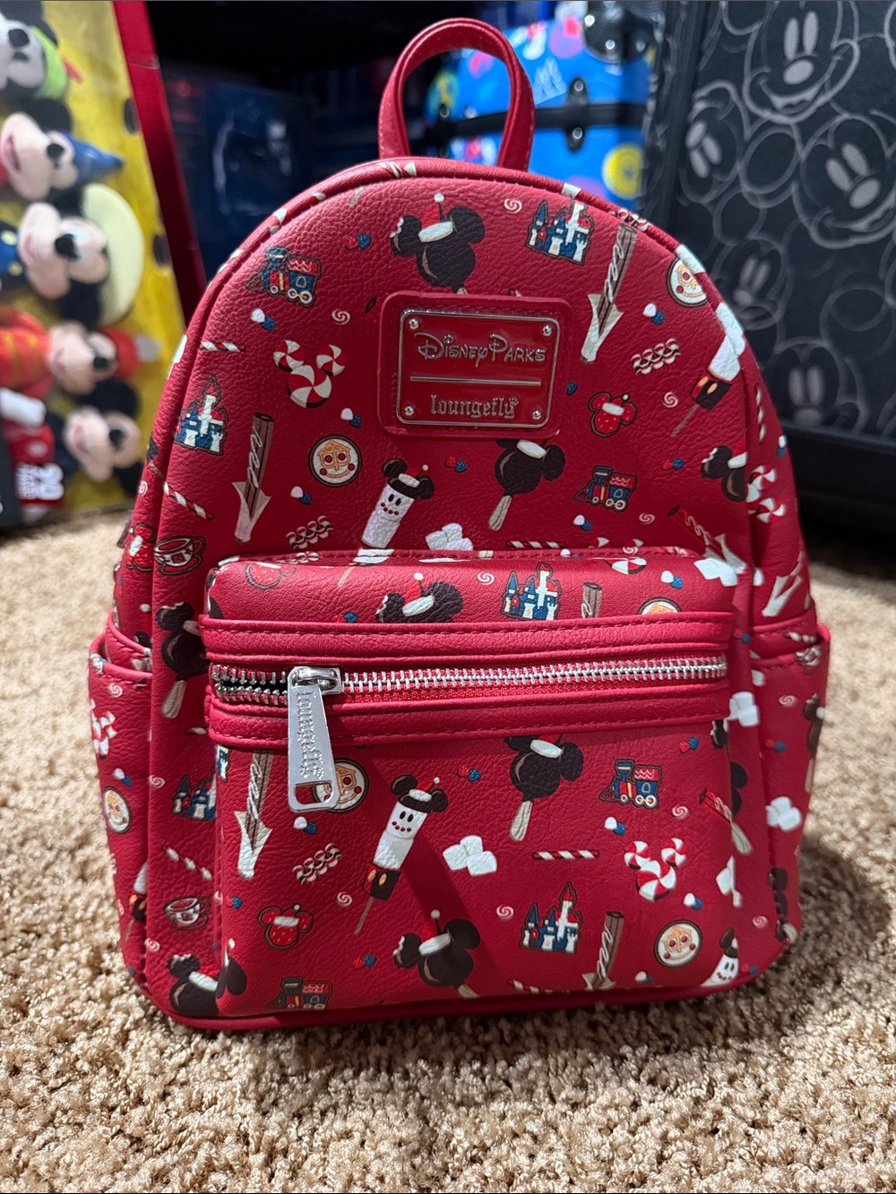 Disney Parks Red Mini Loungefly Backpack with Holiday Parks Snack Print